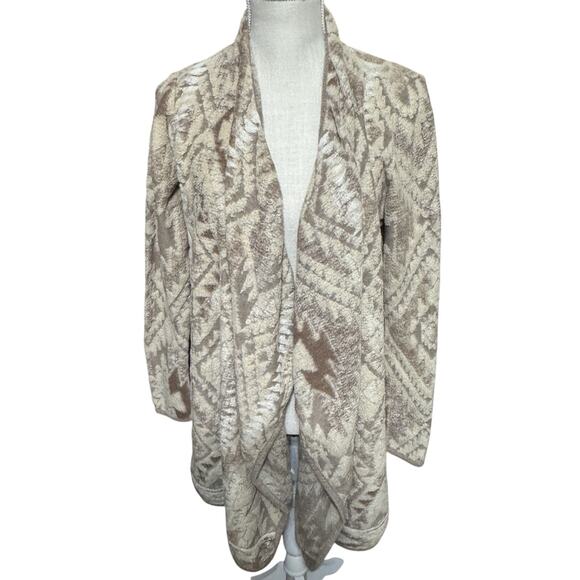 Lucky Brand Womens Duster Cardigan Sweater Beige Aztec Southwestern Open Boho L - Picture 1 of 6